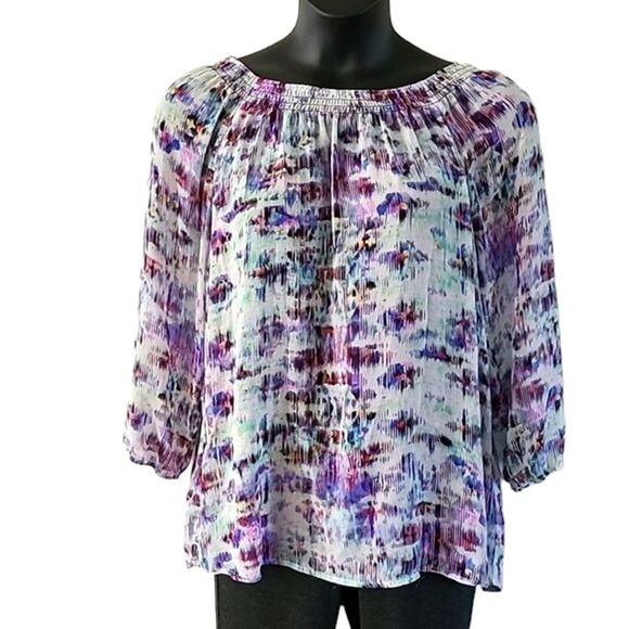 Daisy Fuentes Abstract Print Blouse – Size Large – 3/4 Sleeve – Sheer Overlay - Picture 6 of 7